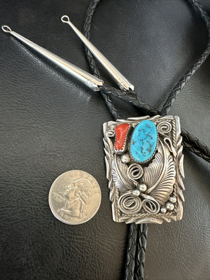 Mens Blue Kingman Turquoise Coral Bolo Tie Sterling Silver Navajo 18168