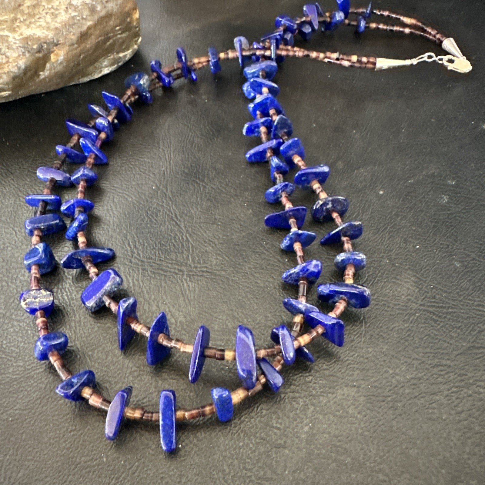 Blue Lapis Lazuli Shell Multi Strand Navajo Sterling Silver Necklace 21" 19722