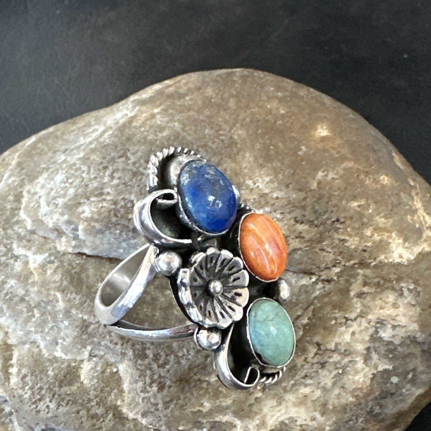 Yazzie Ring Turquoise Lapis Spiny Navajo Sterling Silver Cluster Sz 8.5 19315