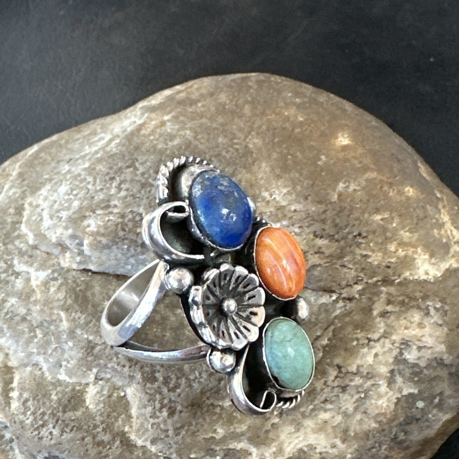 Yazzie Ring Turquoise Lapis Spiny Navajo Sterling Silver Cluster Sz 8.5 19315