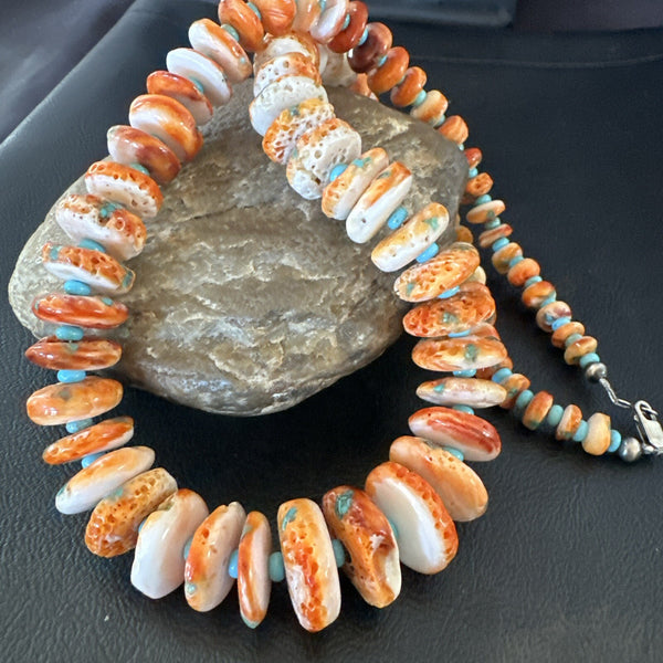 Orange Spiny Oyster Blue Turquoise Navajo Necklace 23" | Sterling Silver | Authentic Native American Handmade | 18087