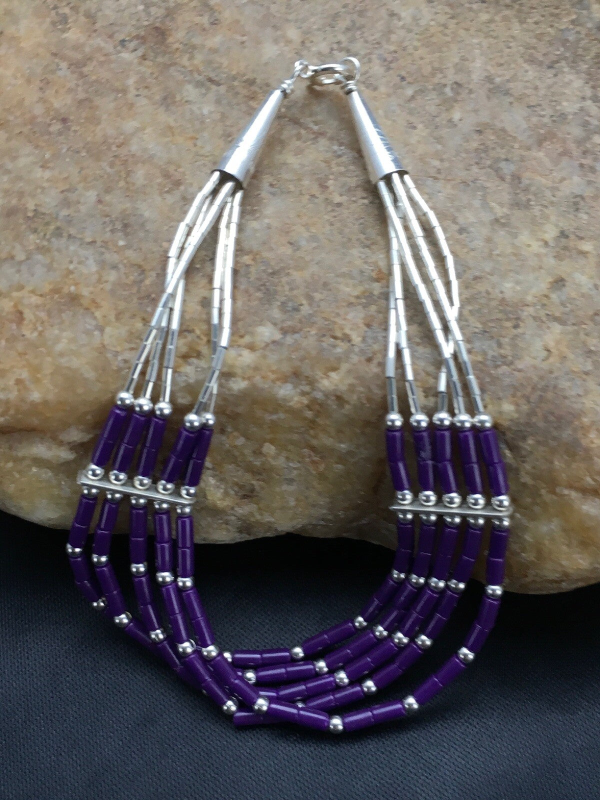 Purple Stone Heishi 5Strand Southwestern Liquid Sterling Silver Bracelet 7" 2933