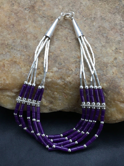 Purple Stone Heishi 5Strand Southwestern Liquid Sterling Silver Bracelet 7" 2933