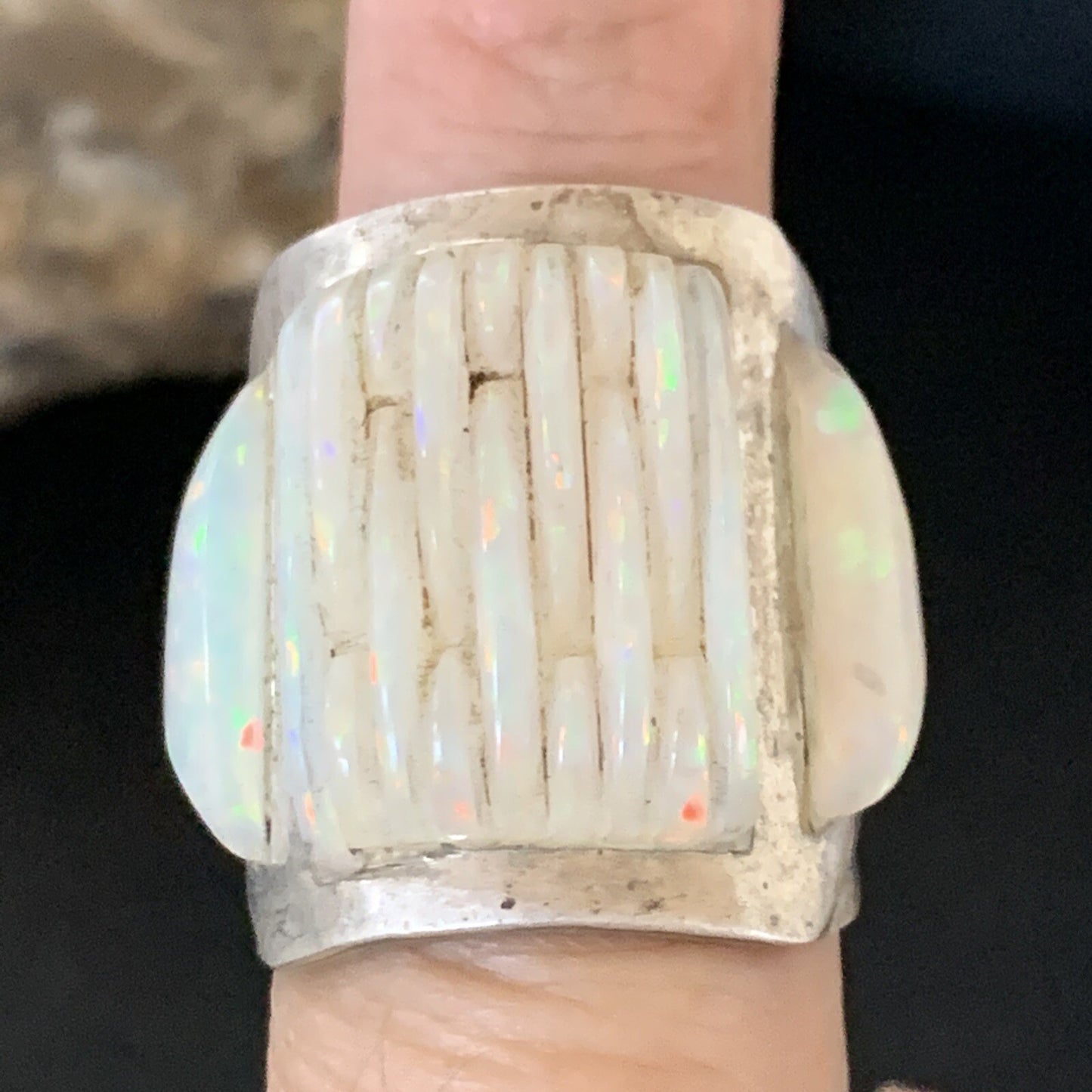 White Opal Native American Navajo Sterling Silver Inlay Ring Size 8 18922
