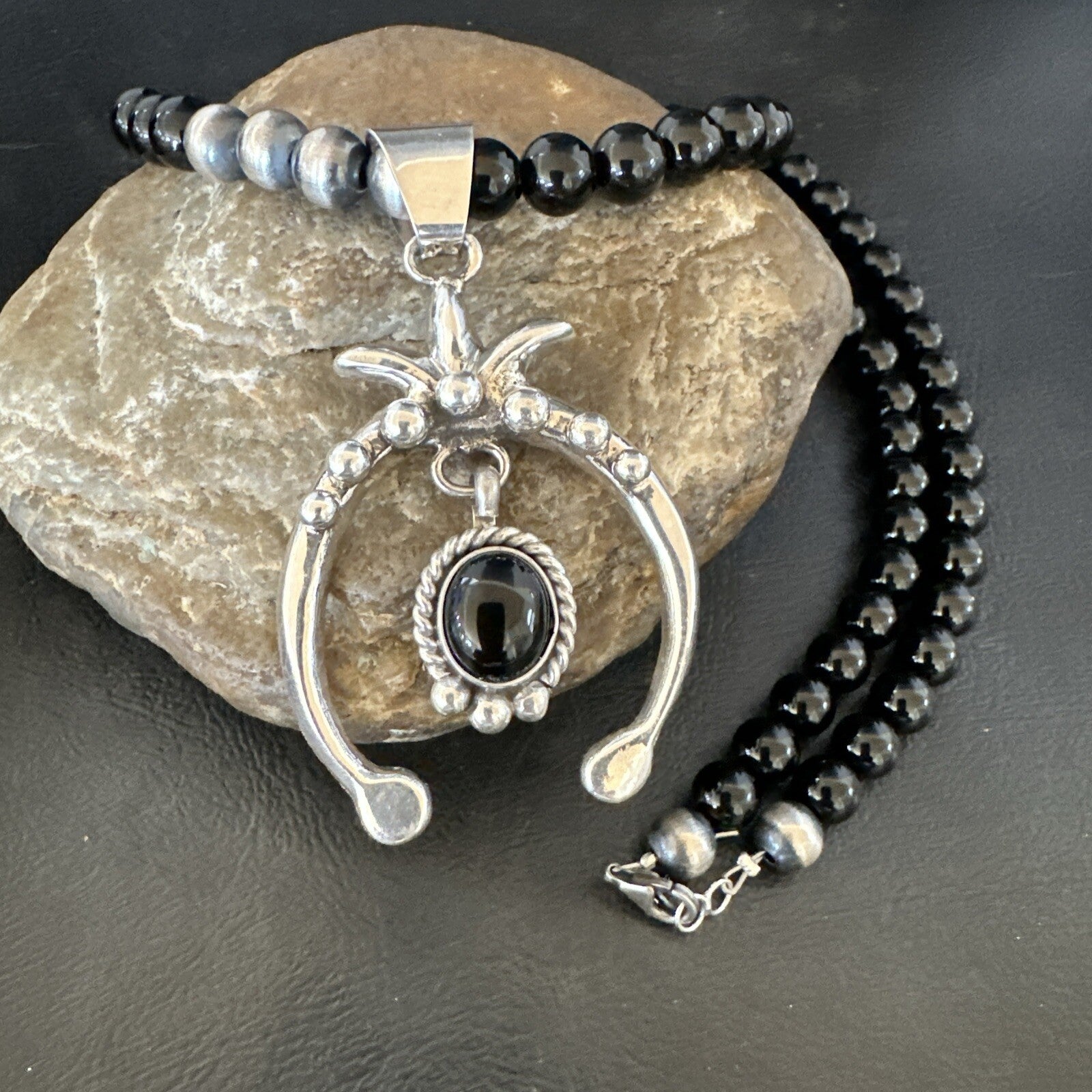 Mens Black Onyx Naja Pendant Navajo Pearls Sterling Silver Necklace 23” 17686