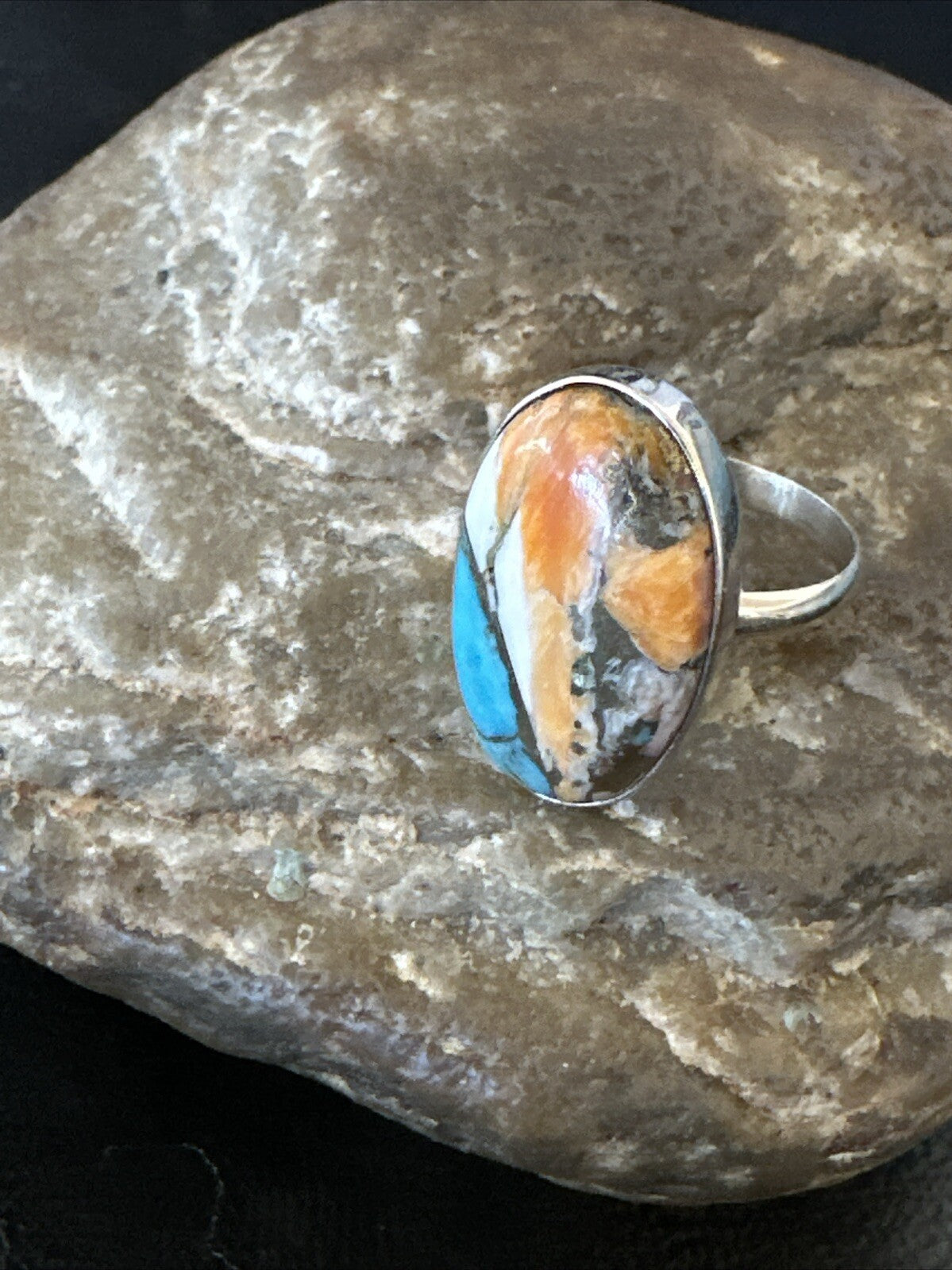 Blue Turquoise Spiny Oyster Southwestern Sterling Silver Ring Size 8 18430