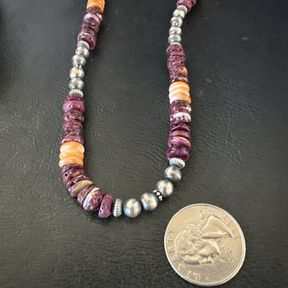 Navajo Sterling Necklace Purple Orange Spiny Oyster  20" 17702
