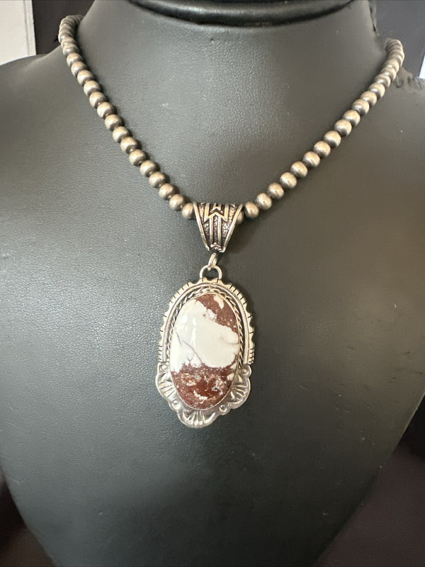 Wild Horse Turquoise Pendant Beads Necklace | Sterling Silver | Authentic Native American Handmade | 18023