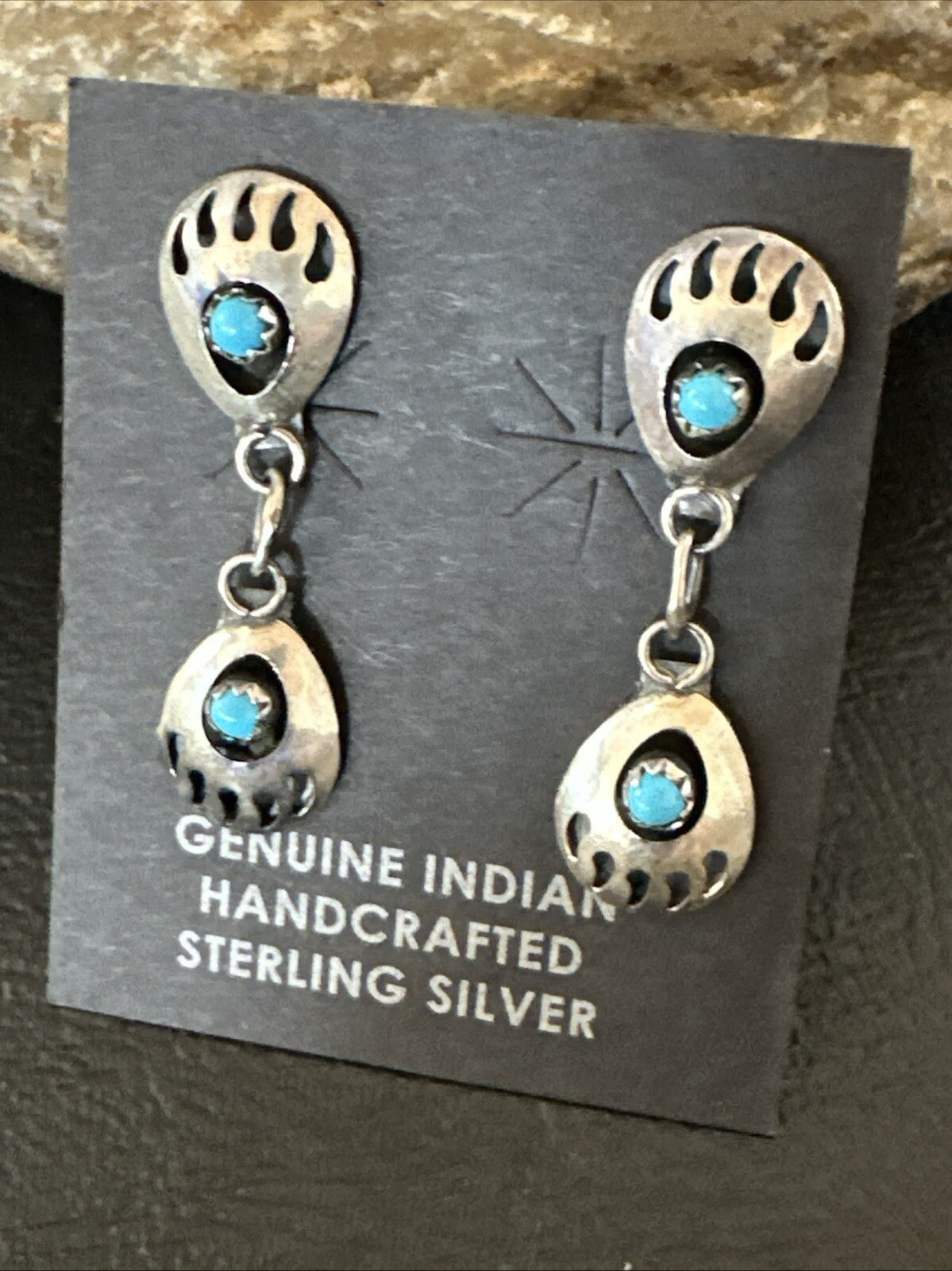 Navajo Blue Turquoise Sterling Silver Post Dangle Bear Paw Earrings 1.30" 4520