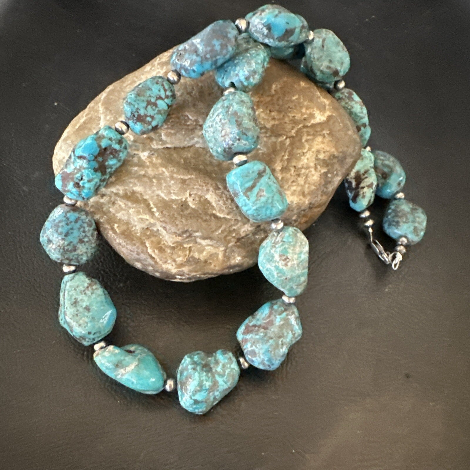Mens Womens Chunky Blue Nugget Turquoise Navajo Sterling Silver Necklace 18673