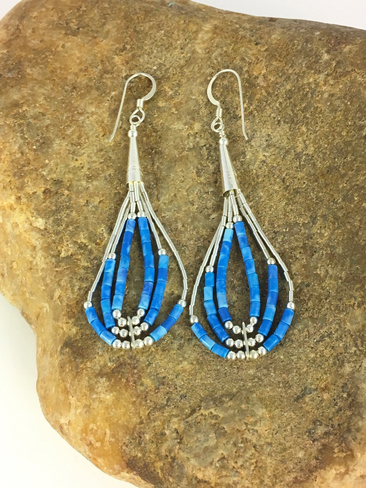 Blue Turquoise Heishi Tube Liquid Sterling Silver Dangle Earrings 2” 8873
