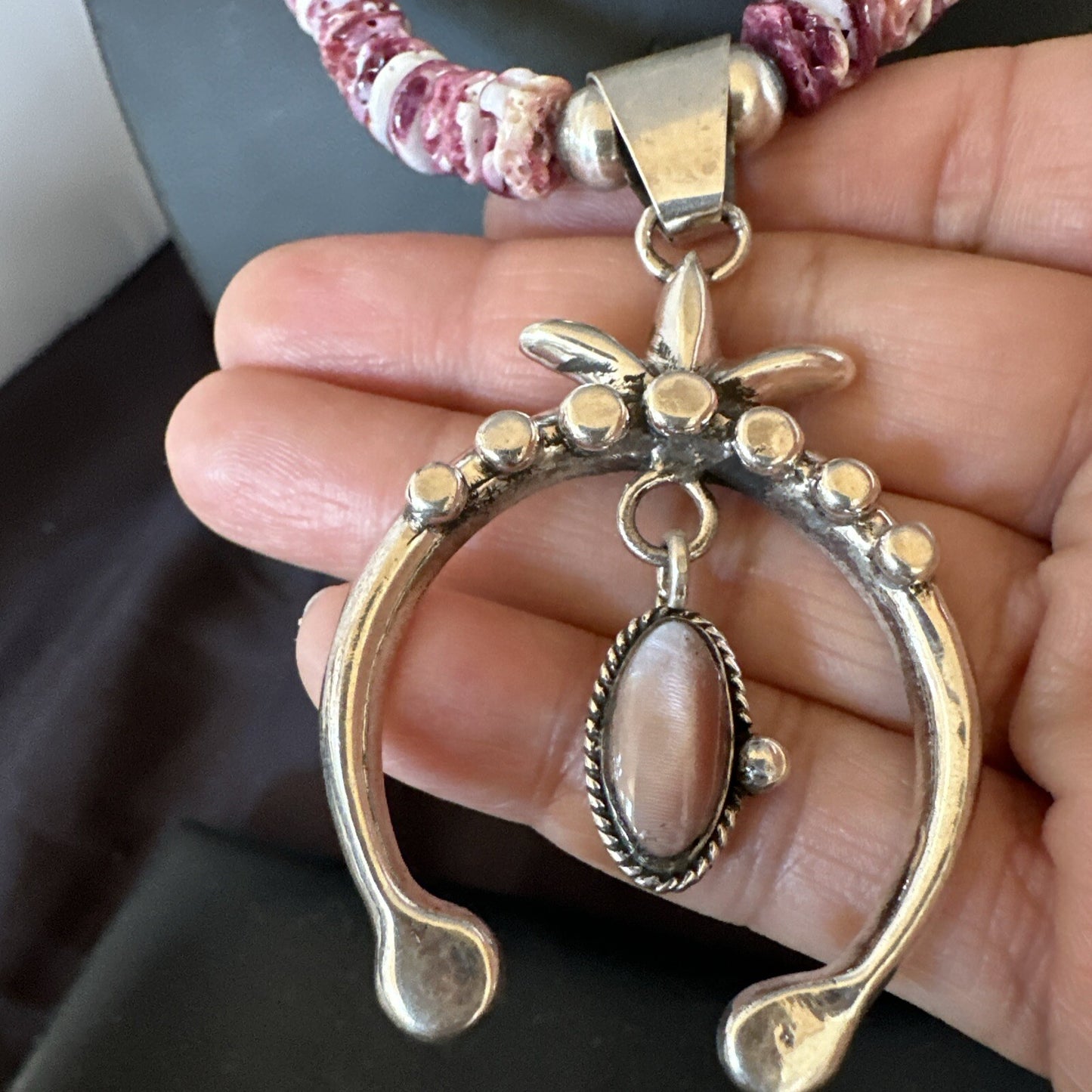 Purple Spiny Oyster MOP Naja Pendant Navajo Sterling Silver Necklace 17870