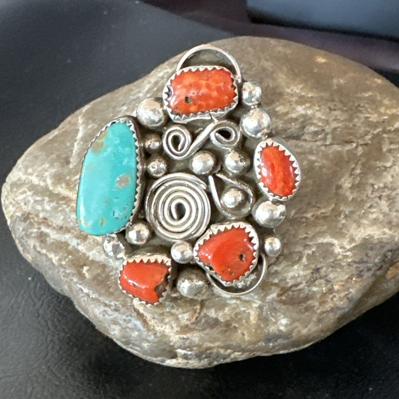 Navajo Blue Turquoise Coral Ring Multi-Stone Cluster Sz 9.5 19778