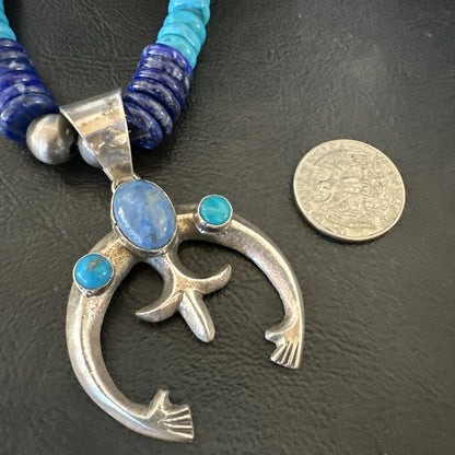 Blue Turquoise Lapis Naja Pendant Navajo 12mm Sterling Silver Necklace 19545
