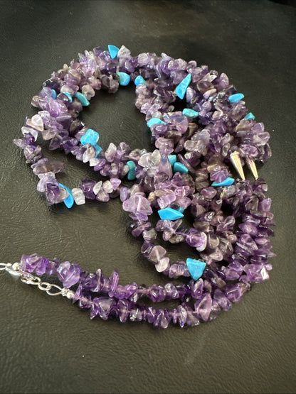 Sterling NAVAJO Purple Amethyst Blue Turquoise 3S Silver Necklace 30” 19569