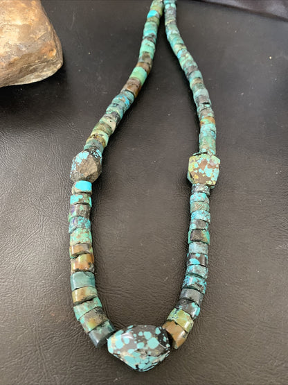 Men Chunky Spiderweb Turquoise Heishi Navajo Sterling Silver Necklace 21” 124505
