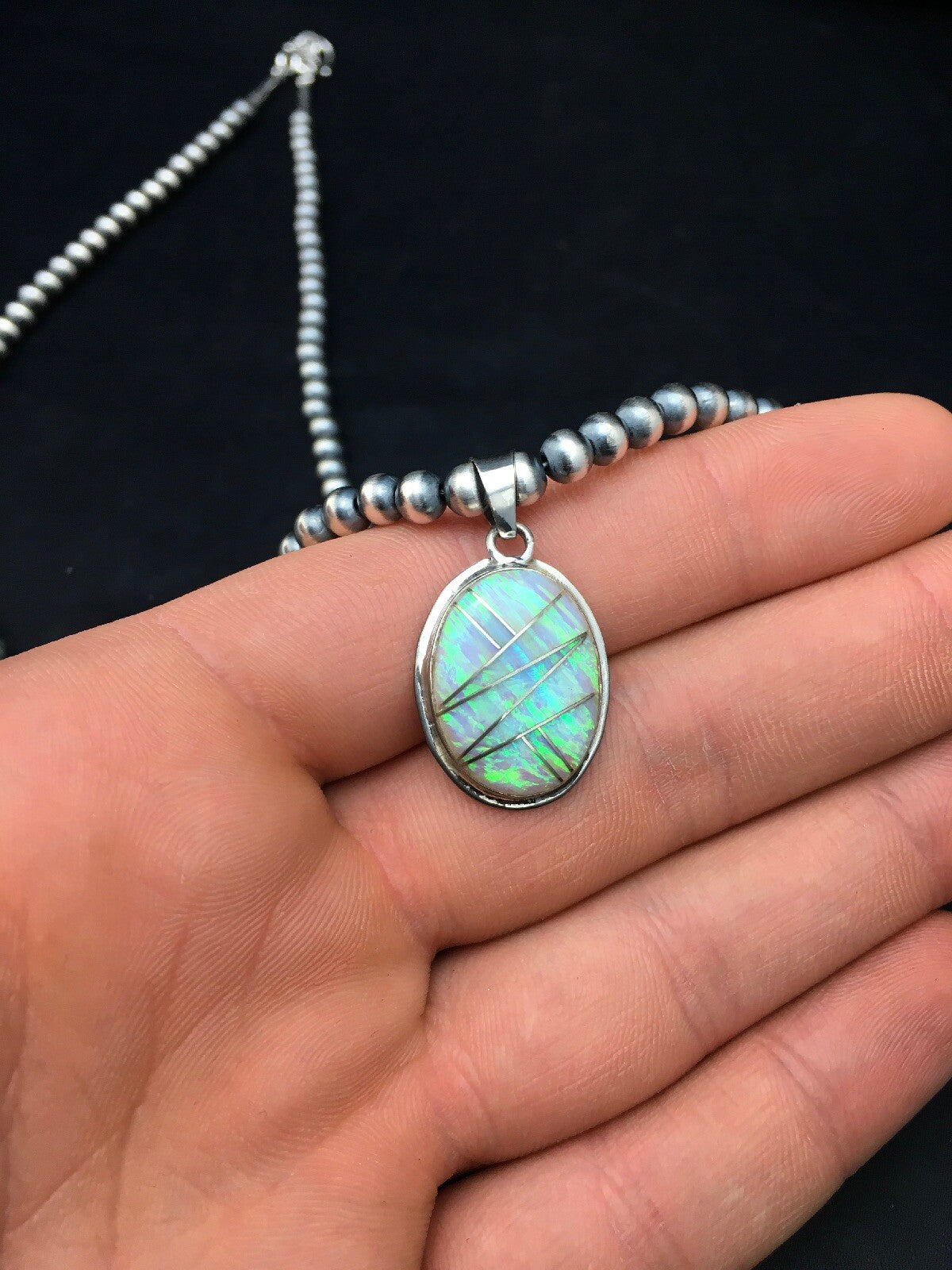 Native Opal Inlay Pendant Navajo Pearls Sterling Silver Necklace 4400