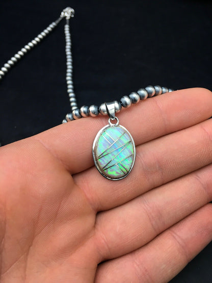 Native Opal Inlay Pendant Navajo Pearls Sterling Silver Necklace 4400