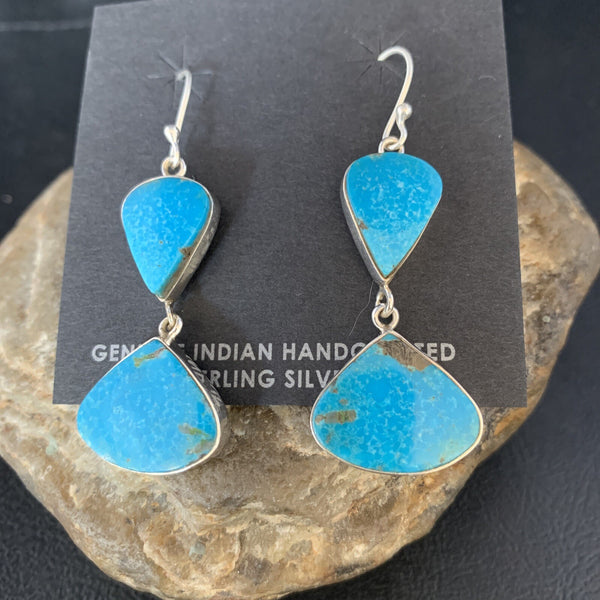 Kingman Turquoise Navajo Dangle Earrings 1.5" | Sterling Silver | Authentic Native American Handmade | 14013