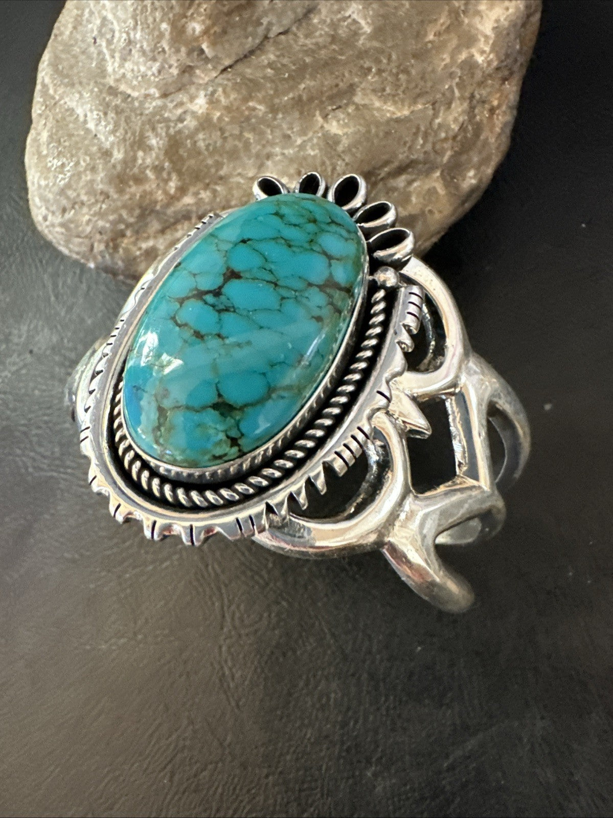 Yazzie Kingman Turquoise Navajo Sterling Silver Tufa Cast Cuff Bracelet 19692