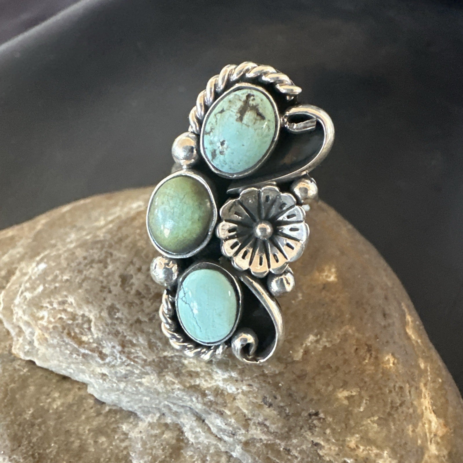 Blue Green Turquoise Navajo Sterling Silver Cluster Ring Size 8.5 19079