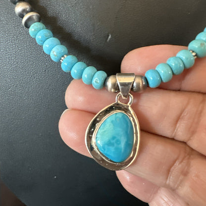Mens Blue Kingman Turquoise Pendant Navajo Sterling Silver Necklace 21" 18113