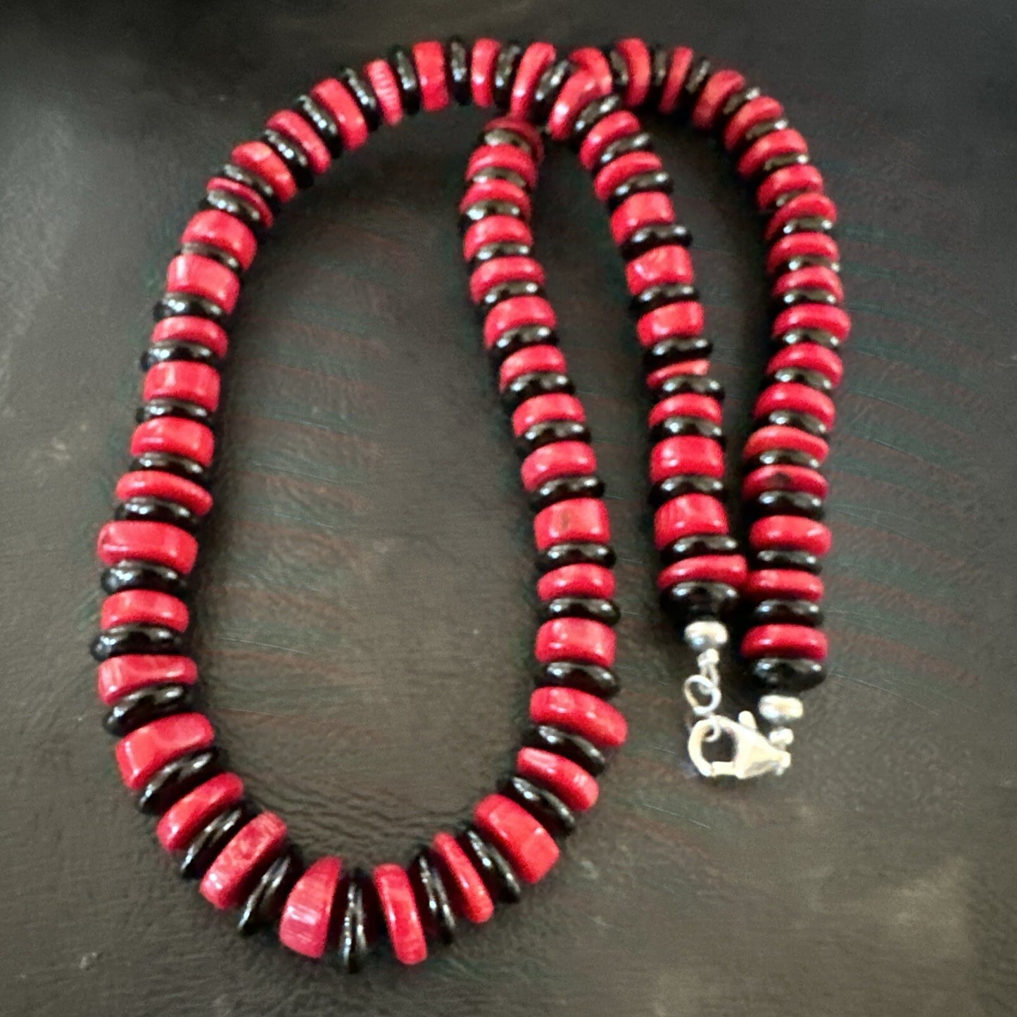 Mens Womens Red Coral Black Onyx  Navajo Sterling Silver Necklace 10mm 17869