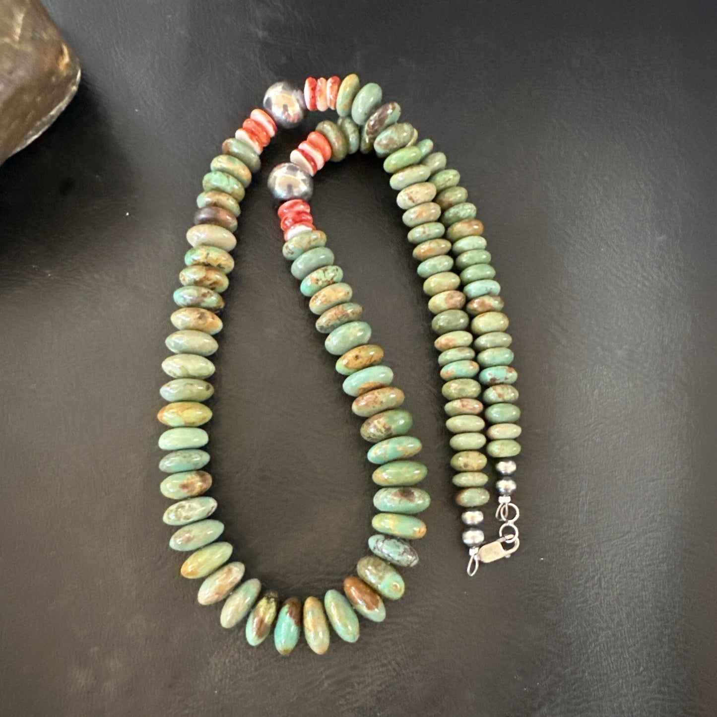 Green Turquoise Red Spiny Oyster Navajo Sterling Silver Necklace 21" 18360