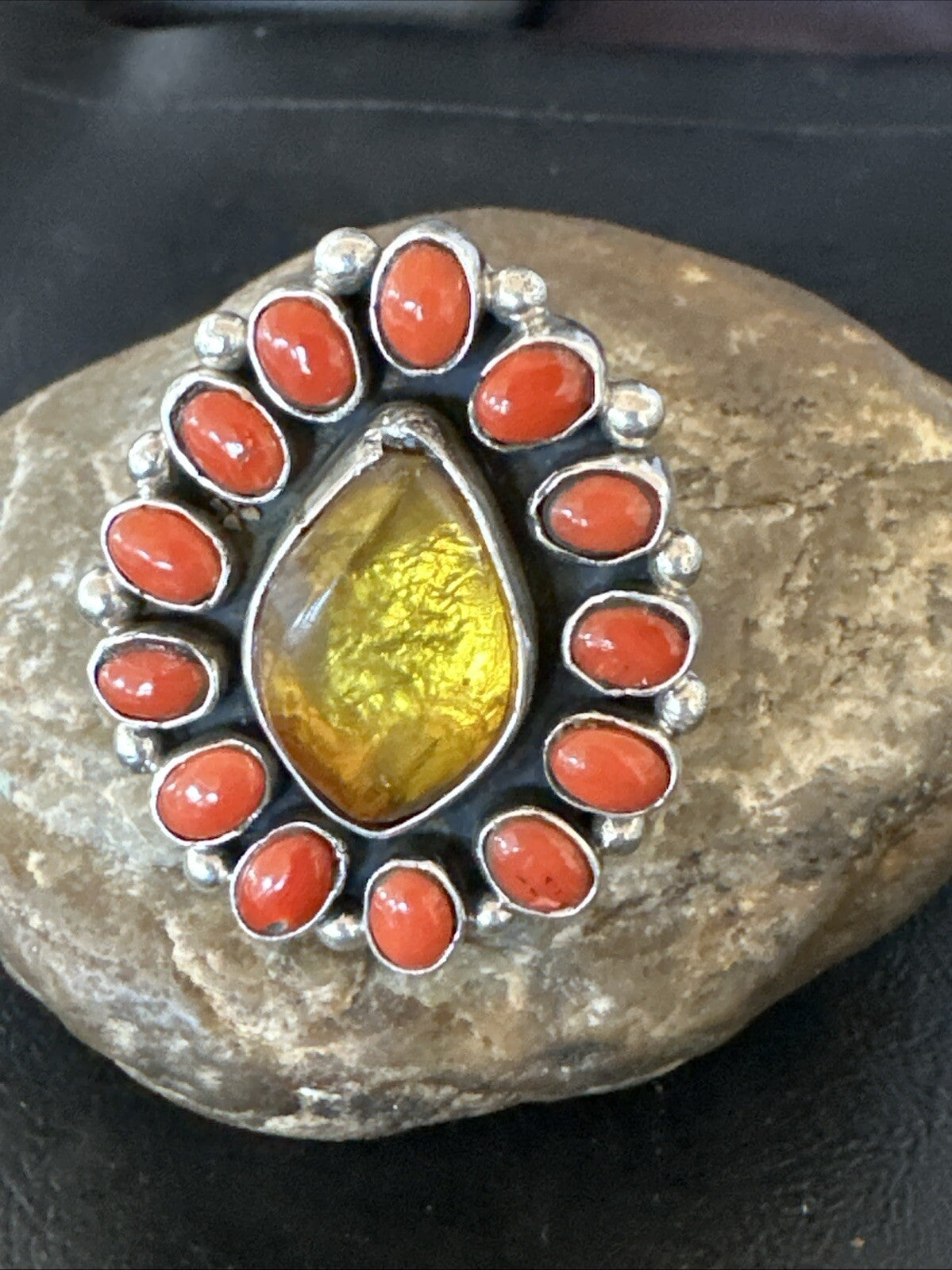 Golden Amber Red Coral Navajo Sterling Silver Cluster Ring Size 6 18563