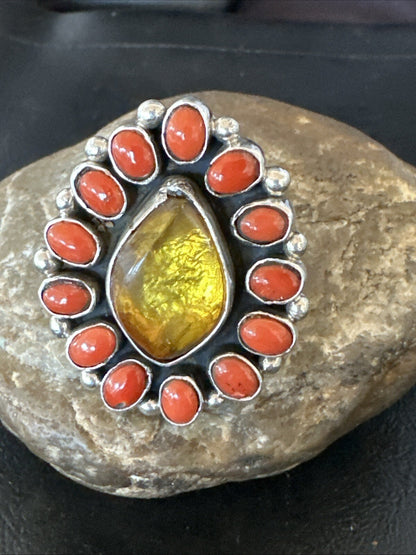 Golden Amber Red Coral Navajo Sterling Silver Cluster Ring Size 6 18563