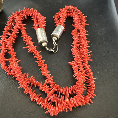 Navajo Indian 3S Red Natural Branch Coral Sterling Silver Necklace 17710