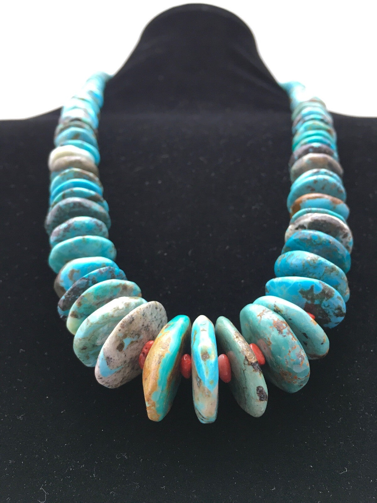 Turquoise & Spiny Oyster Graduated Navajo Sterling Silver Necklace 29" 04362