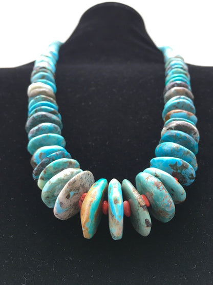 Turquoise & Spiny Oyster Graduated Navajo Sterling Silver Necklace 29" 04362