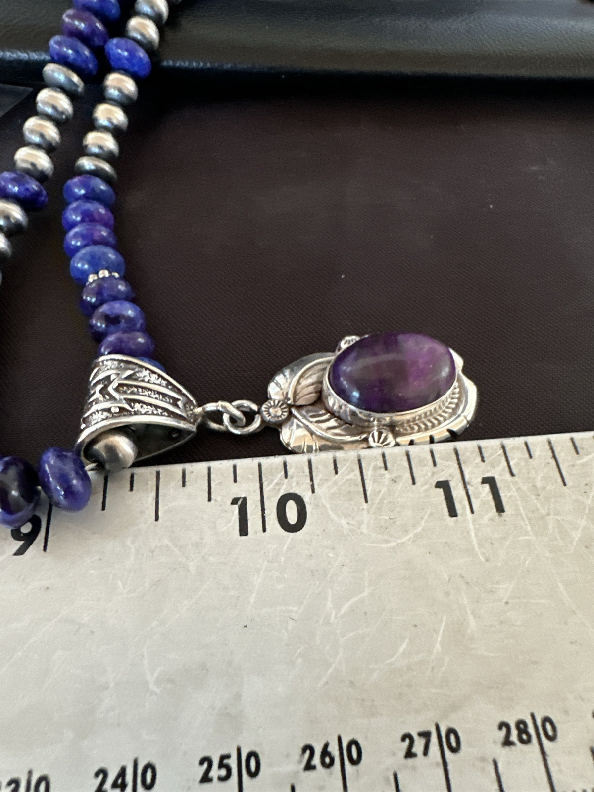 Purple Stone Pendant Navajo Pearls Sterling Silver Necklace 21” 18034