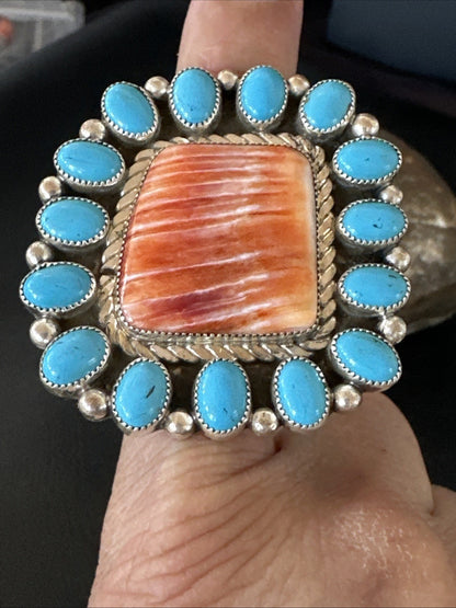 Orange Spiny Oyster Turquoise Navajo Sterling Silver Cluster Ring Sz 9 19761