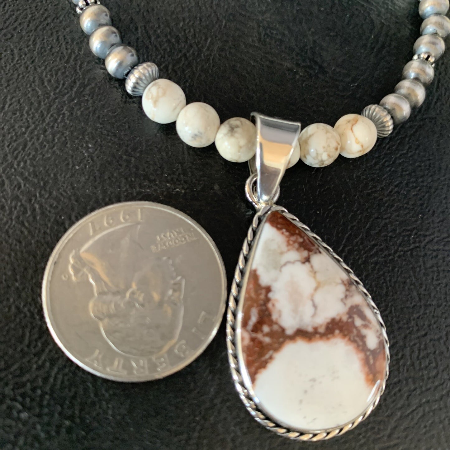 Navajo Pearls Sterling Silver Wild Crazy Horse Turquoise Necklace Pendant 13905