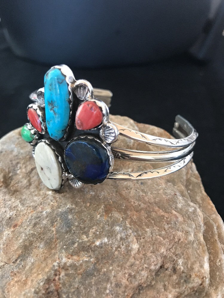 Navajo Wild Horse Turquoise Spiny Oyster Lapis Sterling Bracelet Platero