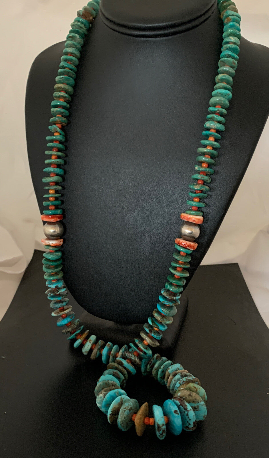 Blue Green Turquoise & Spiny Oyster Navajo Sterling Silver Necklace 28" 01671