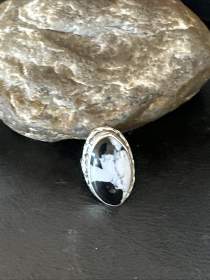 Black White Buffalo Turquoise Navajo Sterling Silver Ring Size 7 19806