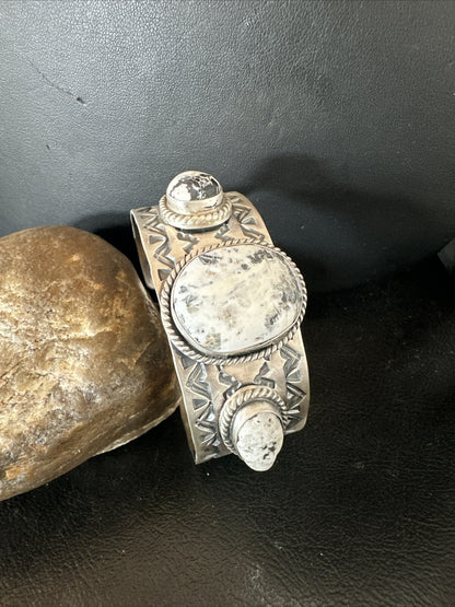 Mens WoMens White Buffalo Turquoise Navajo Sterling Silver Cuff Bracelet 17863