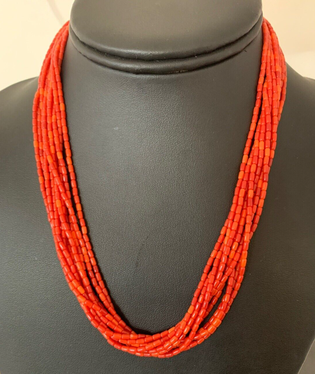 Apple Coral Tube Heishi Bead 10 Strand Navajo Sterling Silver Necklace 17” 4708