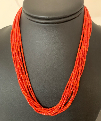 Apple Coral Tube Heishi Bead 10 Strand Navajo Sterling Silver Necklace 17” 4708