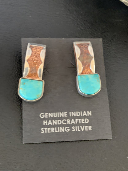 Womens Inlay Earrings Navajo Blue Turquoise Sterling Silver Brass 1" 13106