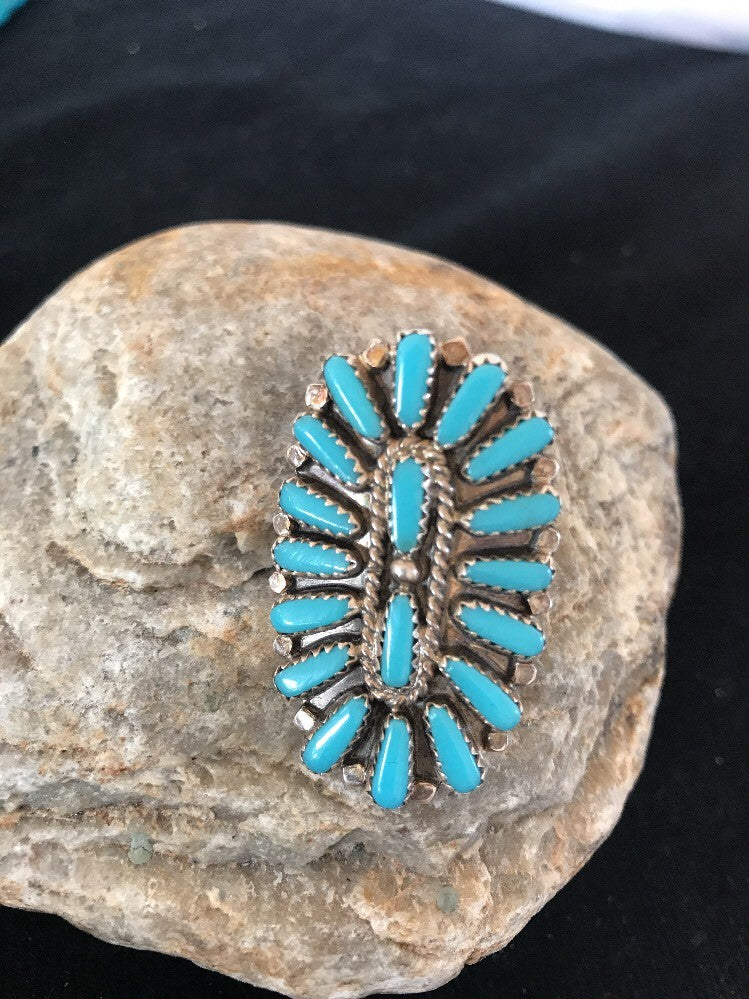 Blue Turquoise Southwestern Sterling Silver Cluster Ring Size 7.5 03471