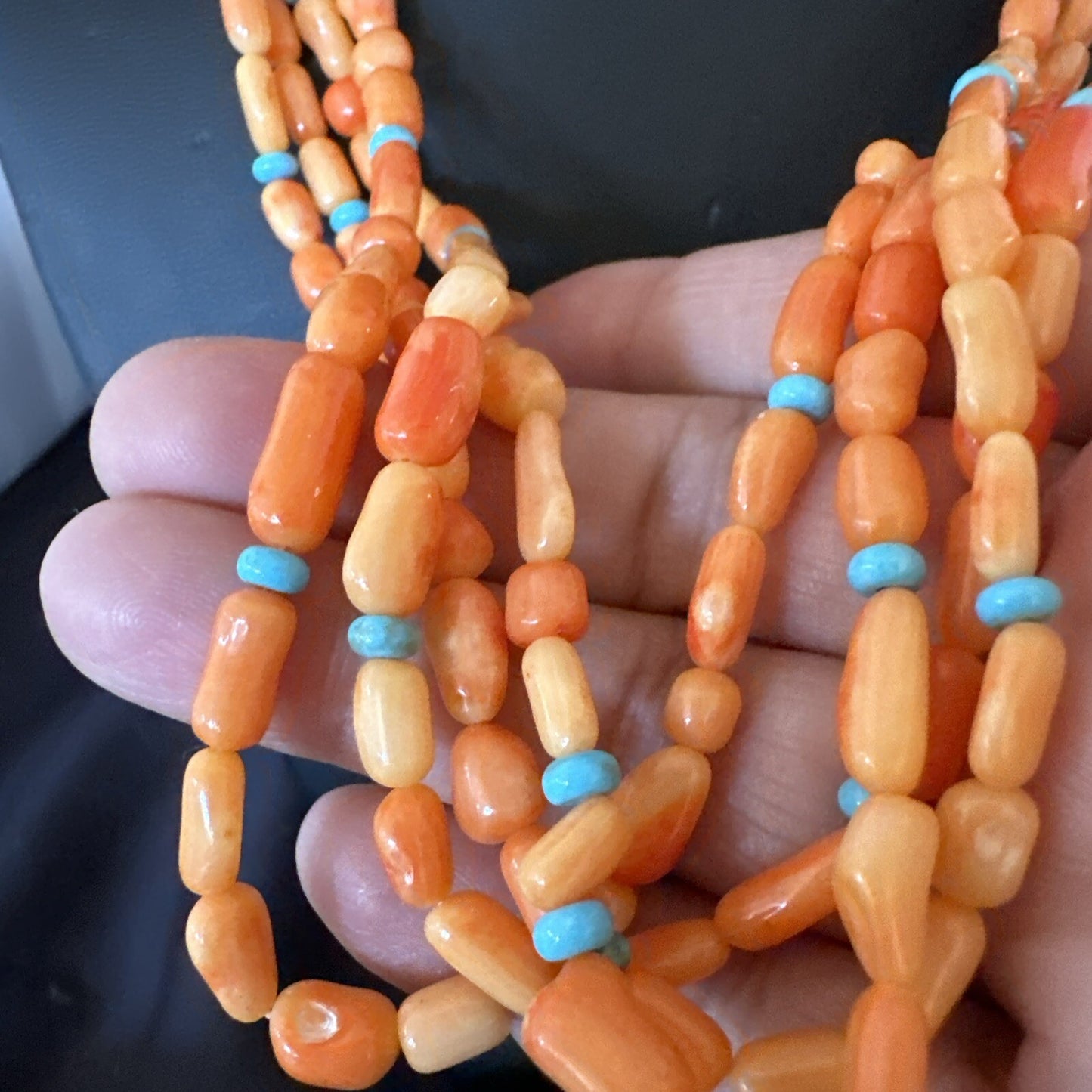 Native Turquoise Orange Coral Sterling Silver 4 Strand Necklace 21" 17820