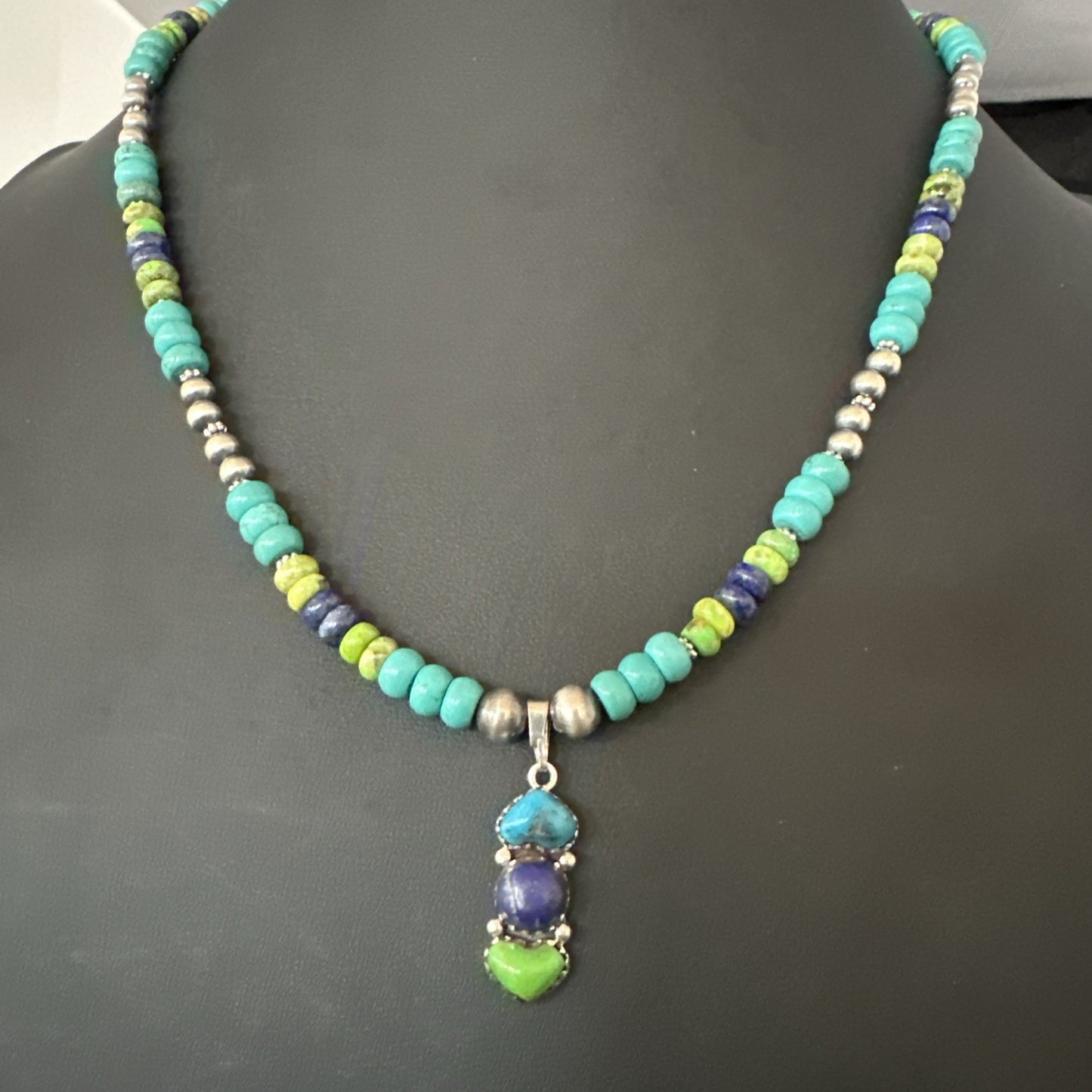 Blue Lapis Green Turquoise Cluster Pendant Navajo Sterling Silver Necklace 19659