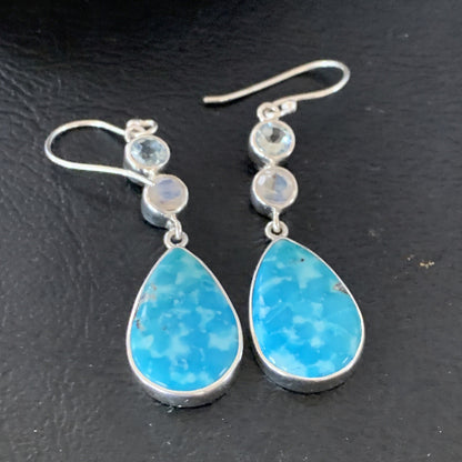 Womens Blue Kingman Turquoise Navajo Sterling Silver Earrings 12034