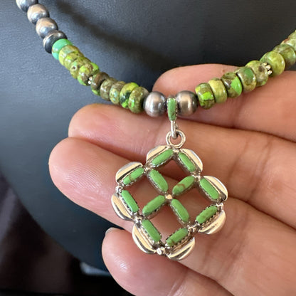 Womens Green Gaspeite Turquoise Pendant Navajo Sterling Silver Necklace 18370
