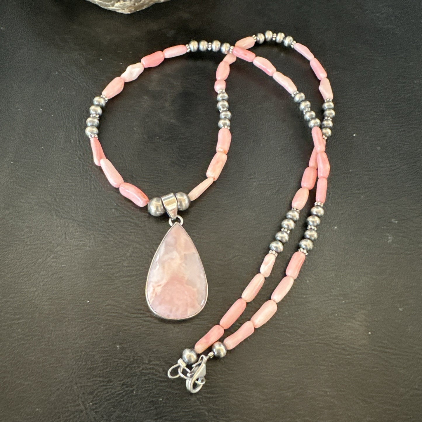 Southwestern Sterling Silver Pink Coral Bead Necklace Quartz Pendant 24" 19587