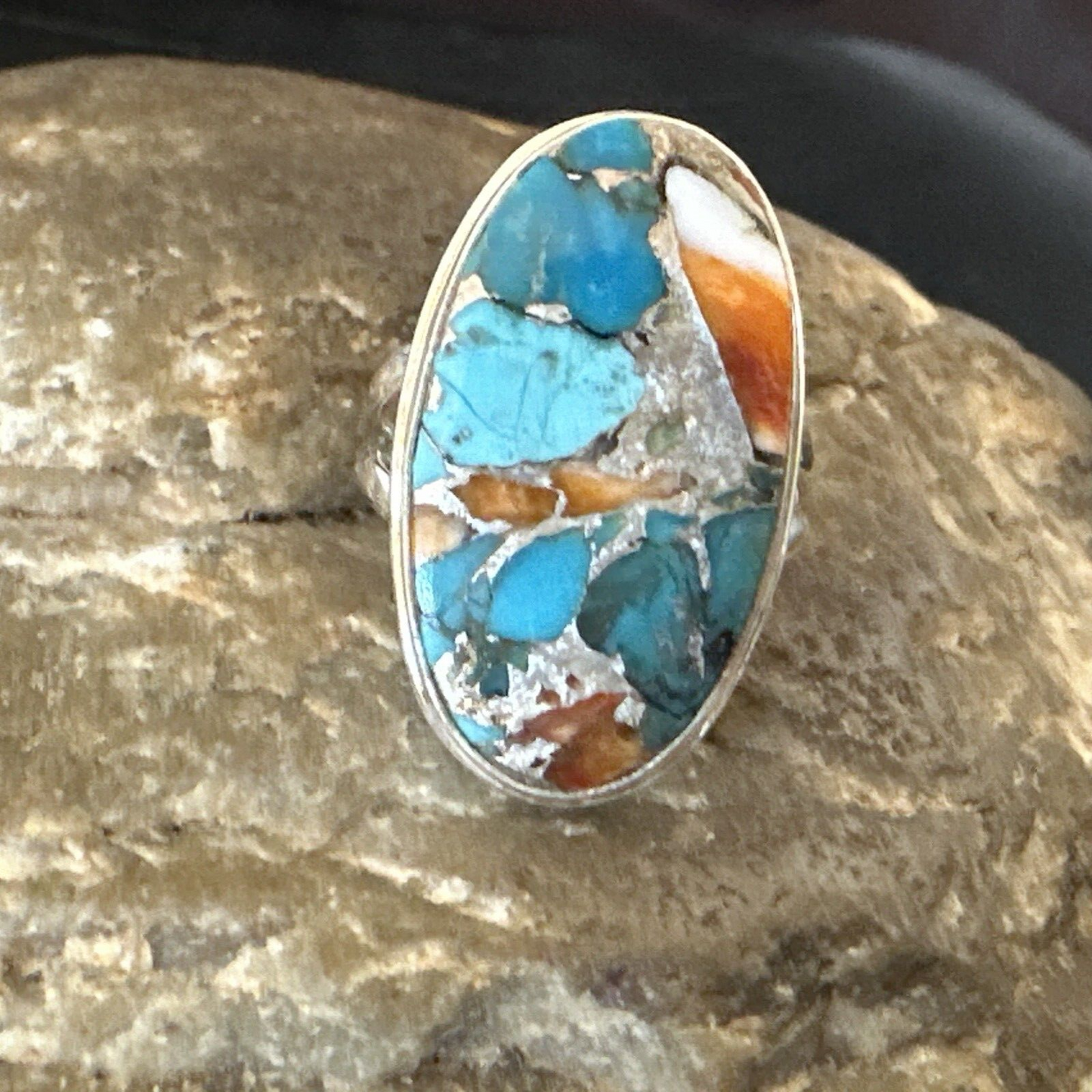 Blue Turquoise Spiny Oyster Southwestern Sterling Silver Ring Size 7 18444